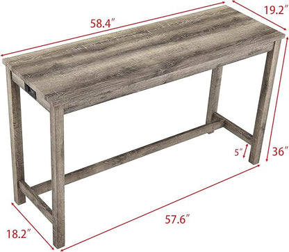 Ball & Cast 4 Piece Industrial Wooden Kitchen Island Table Chairs Sets w/Charging Station, 3pcs Upholstered Backless Counter Stools & 59" Bar-Table Built-in Electrical Outlets and 2 USB Ports,Brown