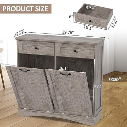 Double Tilt Out Trash Cabinet Freestanding Wooden Garbage Can Cabinet with Hideaway Drawers, 2x13 Gallons Pet Proof Garbage Can Holder for Kitchen Living Room, Grey