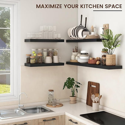 Venusmiles Floating Shelves for Wall, Engineered Wood Wall Shelves with Invisible Brackets for Living Room Bedroom Bathroom Office Kitchen Decor and Storage (Black, 24" W x 9" D x 1.5" H) Set of 2
