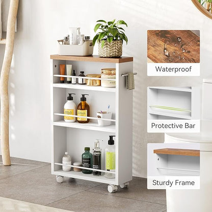 LITTLE TREE 4 Tier Rolling Cart with Wheels, 6.3 Inch Slim Storage Cart, Wooden Snack Cart with Narrow Shelf, White Laundry Room and Bathroom Organizer Shelves