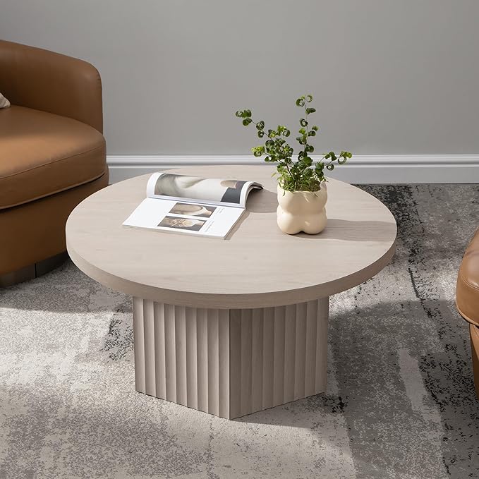 SICOTAS 32" Modern Round Coffee Table, Mid Century Fluted Coffee Table with Storage, Accent Center Table for Living Room, Small Space, Apartment, White Alder