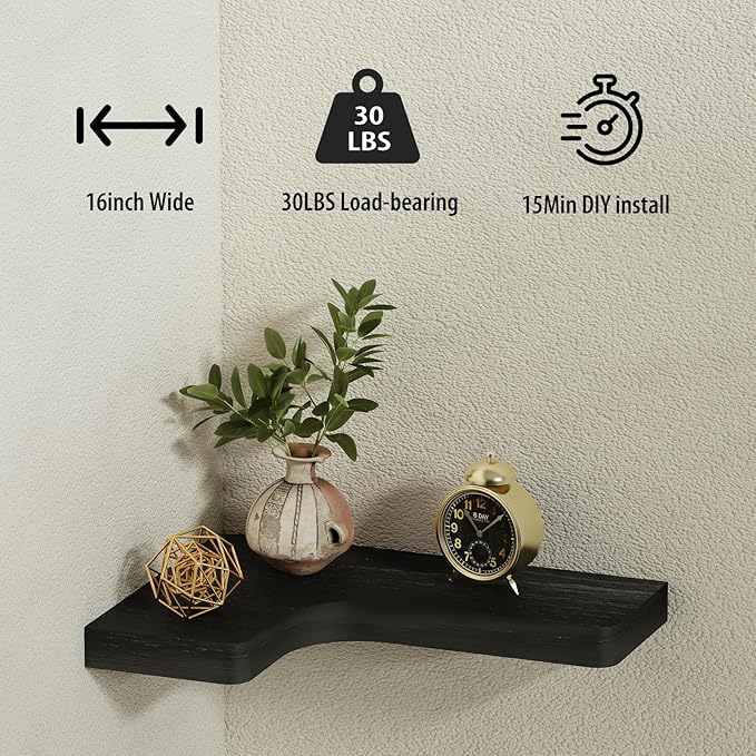 SAUMONIERES Corner Floating Shelves Wall Mount Shelf Solid Wood for Bedroom Bathroom Room Kitchen Storage Set of 3, Black, Invisible Brackets