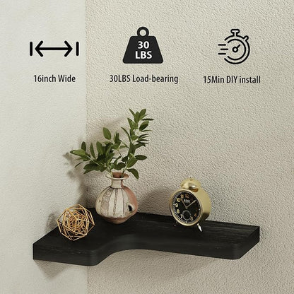 SAUMONIERES Corner Floating Shelves Wall Mount Shelf Solid Wood for Bedroom Bathroom Room Kitchen Storage Set of 3, Black, Invisible Brackets