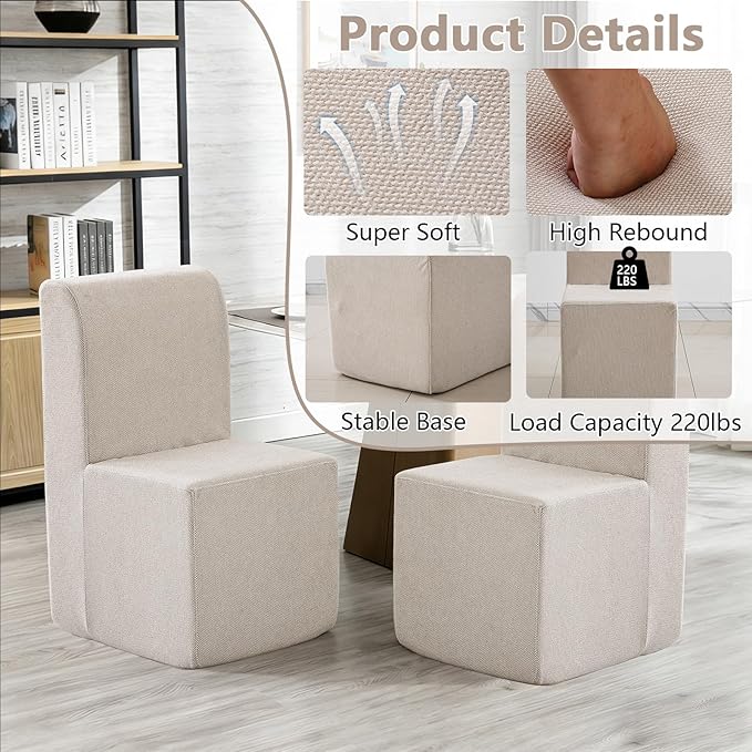 Modern Linen Upholstered Armless Dining Chair, Comfortable Dining Room Chair Side Leisure Chairs with Mid Back for Dining Room Kitchen Bedroom Reading Room, No Assemble, Beige