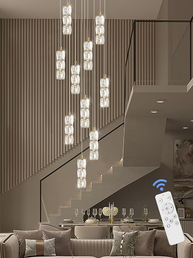 ykolupty Large Chandeliers for Living Room Modern Crystal Gold Chandeliers Spiral Staircase Pendant Light High Ceiling Lamp Fixture for Foyer Entrance Dimmable 2700-6000K