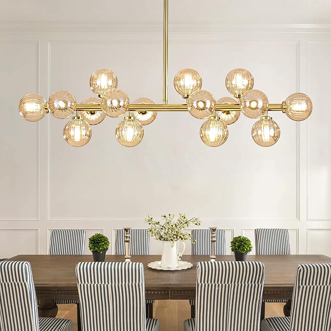 16-Light Globe Sputnik Chandelier, Linear Dining Room Light Fixture Over Table, Mid Century Modern Gold Chandeliers for Dining Living Room, Kitchen Island Lighting (Amber Bubble, 40 Inch)