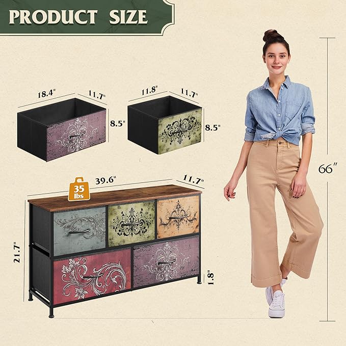 WLIVE Dresser for Bedroom with 5 Drawers, Wide Chest of Drawers, Fabric Dresser, Storage Organizer Unit with Fabric Bins for Closet, Living Room, Hallway, Pattern