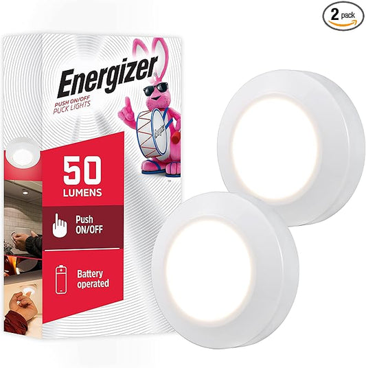 Energizer LED Puck Lights, 2 Pack, Battery Operated, Push Light, Wireless Lights, 50 Lumens, Tap Light, Stick On Lights, White, Perfect for Under Cabinet, Closets, Pantry, and More, 46009