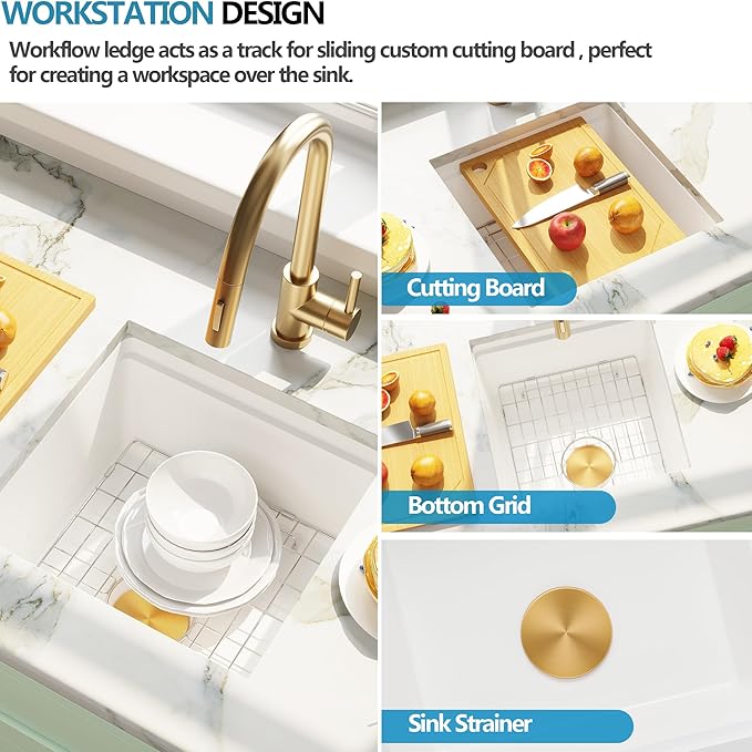MILOSEN White Undermount Bar Sink, 16×16 Inch Small White Granite Composite Wet Bar or Prep Sinks with Cutting Board, 9 Inch Deep Outdoor Single Bowl Small Workstation Sink with Gold Accessories