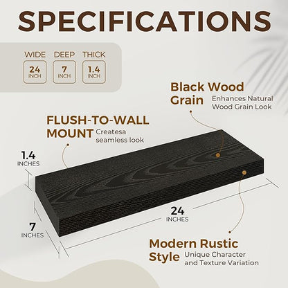 Dreamland 24 Inch Long Floating Shelves in Black,6.7 Inch Deep Floating Shelf for Wall,Large Display & Storage Shelf, Wall Shelf for Bathroom Bedroom Living Room Kitchen Office，Set of 2
