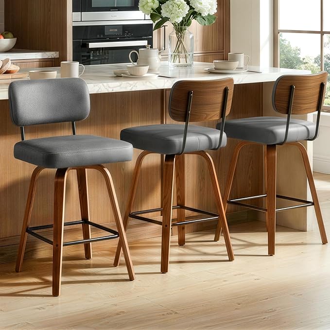 Swivel Bar Stools Set of 3, 26" Upholstered Counter Height Bar Stools with Back and Bent Walnut Wood Legs, Faux Leather Modern Barstools for Kitchen Island,Gray