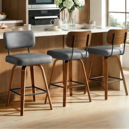 Swivel Bar Stools Set of 3, 26" Upholstered Counter Height Bar Stools with Back and Bent Walnut Wood Legs, Faux Leather Modern Barstools for Kitchen Island,Gray