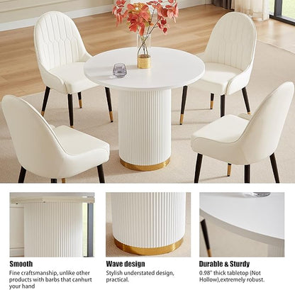 Round Dining Table Set for 4, 35.04" Modern Farmhouse Dining Table and 4 Leather Dining Chair, Small Circle Kitchen Tables with Wood & Gold Stainless Steel Base for Living Room, Kitchen, White