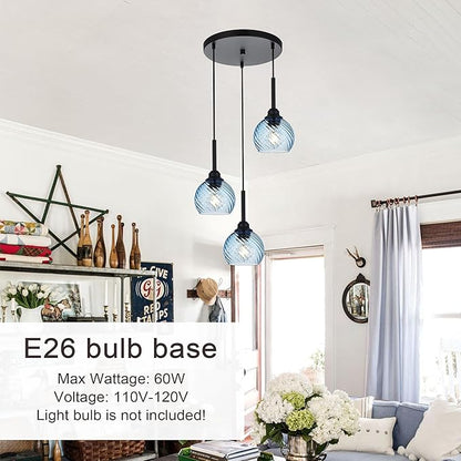 3 Light Pendant Lighting with Striped Swirl Globe Glass Blue Cluster Pendant Light for Kitchen Island, Modern Dining Room Light Fixtures Over Table Hanging Ceiling Light, E26 Base