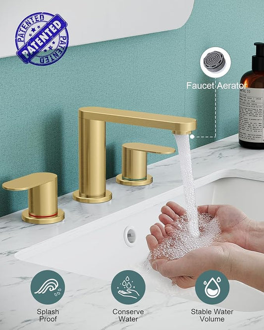 BWE 2 Pack Brushed Gold Bathroom Faucet 3 Hole, 8 Inch Widespread Gold Bathroom Faucets with Pop-up Drain and Supply Lines, 360° Swivel Spout 2-Handle Sink Faucet for Bath Vanity