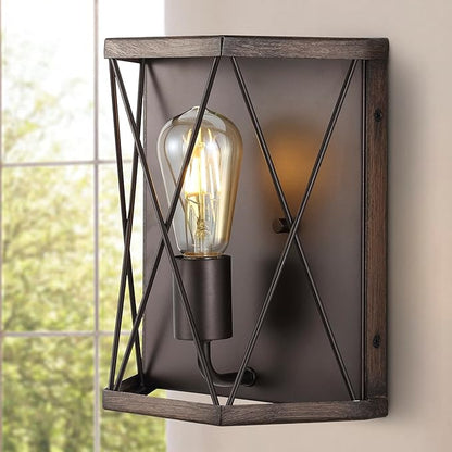 JONATHAN Y 8.25" Wood Finished/Oil Rubbed Bronze 1-Light Iron Sconce, Rustic Farmhouse X-Frame Wall Lantern for Entryway Hallway, Modern Industrial, LED Bulb Included JYL1309A