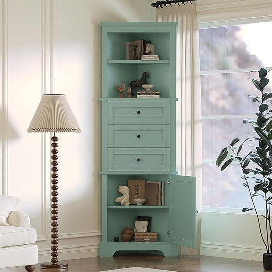 69" H Tall Corner Cabinet with Adjustable Shelves and Drawers, Storage Bookshelf Space Saver for Bathroom or Kitchen, Green