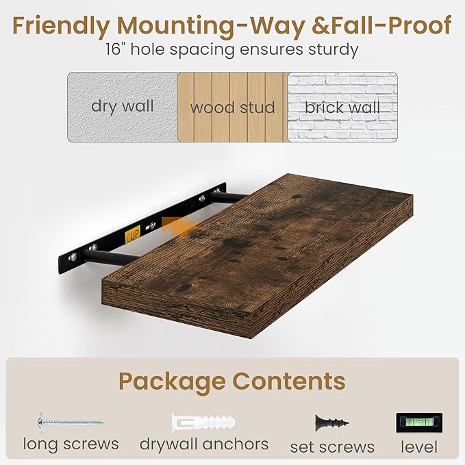 72"W x 9.3"D Floating Shelves for Wall, Wall Mounted Bathroom Shelves 1 Pack Deep Floating Shelf for Bedroom Kitchen Living Room, Rustic Wooden Wall Shelf with Invisible Bracket for Books Decor