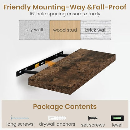 Fun Memories 72 Inch Long Floating Shelves for Wall, 72x9.3 Large Floating Shelf for Bedroom, Kitchen, Bathroom, Wall Mounted Rustic Wood Shelves with Invisible Bracket for Books, Decor, Rustic Brown