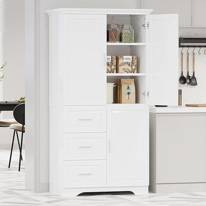 62.5" Storage Cabinet with Doors and Drawers, Kitchen Pantry Cupboard Shelf Organizers for Home, Bathroom and Living Room, Solid Wood Legs, Gray