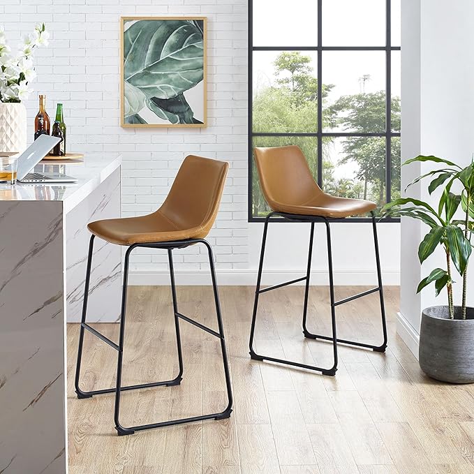 Walker Edison Douglas Urban Industrial Faux Leather Armless Lounge Kitchen Bar Chairs, Set of 2, Whiskey Brown
