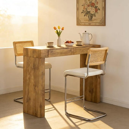 Counter Height Dining Set with Rattan Back Stools,Bar Table with 2 Drawers,Upholstered Kitchen Island Chairs,Chrome Cantilever Frame,Modern Furniture for Dining Room (Wood Table,2 White Chairs)