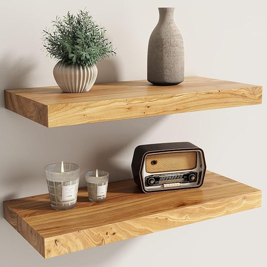 Fun Memories Solid Elm Wood Floating Shelves Set of 2-20 Inch Rustic Wall Shelves with Heavy-Duty Invisible Brackets - for Living Room, Kitchen, Bedroom, Bathroom - Natural Finish
