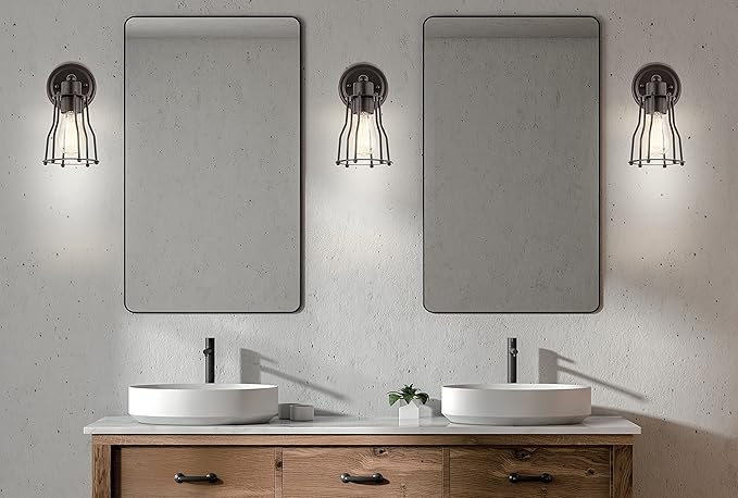 JONATHAN Y 5.13" Oil Rubbed Bronze Modern Industrial Metal Vanity Light, Bathroom Sconce for Mirror, Reversible 1-Light Wall Lamp with Metal Cage Shade for Hallway, LED Bulb Included (JYL7419A)