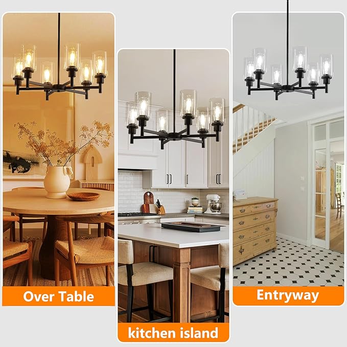 9MMML Farmhouse 6-Light Glass Chandelier, Modern Black Light Fixture for Kitchen Dining Room Over Table, Industrial Lighting for Living Room, Foyer, Entryway, E26 Bulb Base