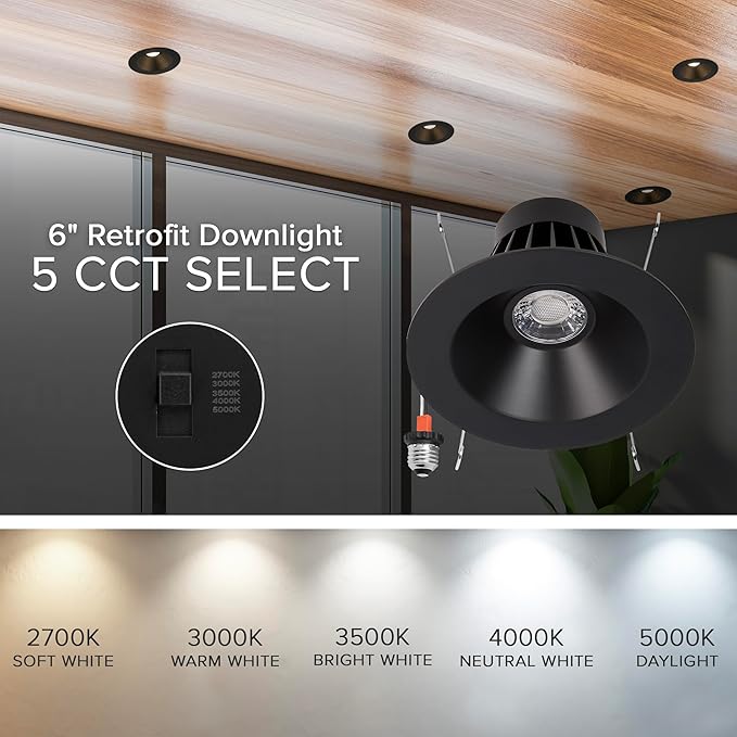 Maxxima 6 in. Retrofit Recessed Anti-Glare LED Downlight, 1200 Lumens, 5 Color Temperature Selectable 2700K/3000K/3500K/4000K/5000K, Dimmable, E-26 Quick Connect Adapter, 90 CRI, Black Trim
