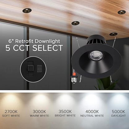 Maxxima 6 in. Retrofit Recessed Anti-Glare LED Downlight, 1200 Lumens, 5 Color Temperature Selectable 2700K/3000K/3500K/4000K/5000K, Dimmable, E-26 Quick Connect Adapter, 90 CRI, Black Trim