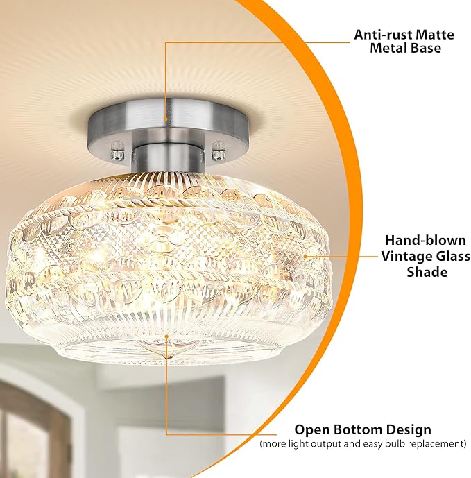Semi Flush Mount Light Fixture, Brushed Nickel Hallway Lights, Globe Glass Ceiling Lamp, Industrial Kitchen Farmhouse Lighting for Entryway Bathroom Bedroom, Bulb Not Included