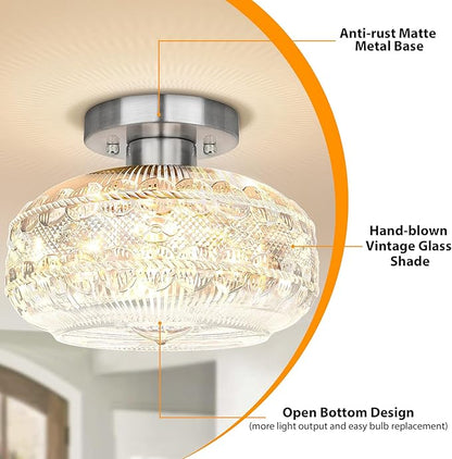 Semi Flush Mount Light Fixture, Brushed Nickel Hallway Lights, Globe Glass Ceiling Lamp, Industrial Kitchen Farmhouse Lighting for Entryway Bathroom Bedroom, Bulb Not Included