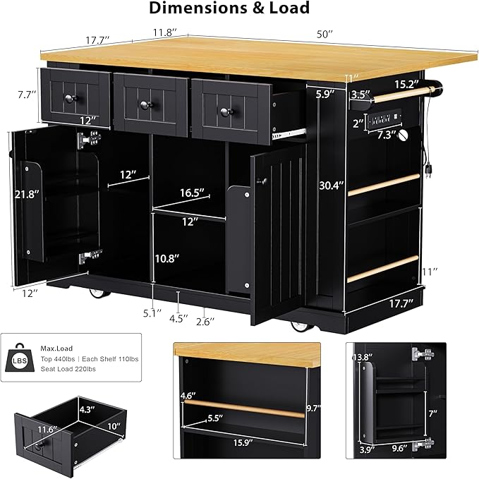 53'' Large Kitchen Island with 3 Drawers & Power Outlet & Door Internal Storage Rack & 5 Open Side Racks, Kitchen Storage Cart with 5 Wheels & Drop Leaf & 5 Open Side Racks, Black