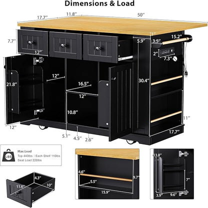 53'' Large Kitchen Island with 3 Drawers & Power Outlet & Door Internal Storage Rack & 5 Open Side Racks, Kitchen Storage Cart with 5 Wheels & Drop Leaf & 5 Open Side Racks, Black