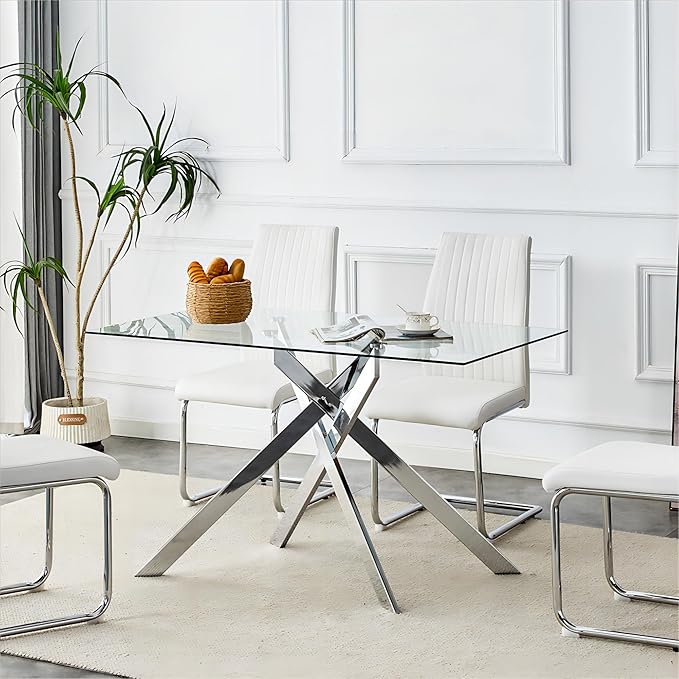 51.18" Rectangular Glass Dining Table, Tempered Glass Kitchen Tabe with Metal Legs, Stylish and Sturdy Dinner Table for Home and Outdoor Dining (Silver, 51.18'')