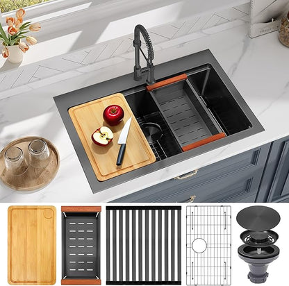 Rhbamoa Black Kitchen Sink,31 Inch Black Drop in Kitchen Sink Single Bowl,16 Gauge T304 Stainless Steel Workstation Sinks,10 Inch Deep Topmount Sinks with All Accessories