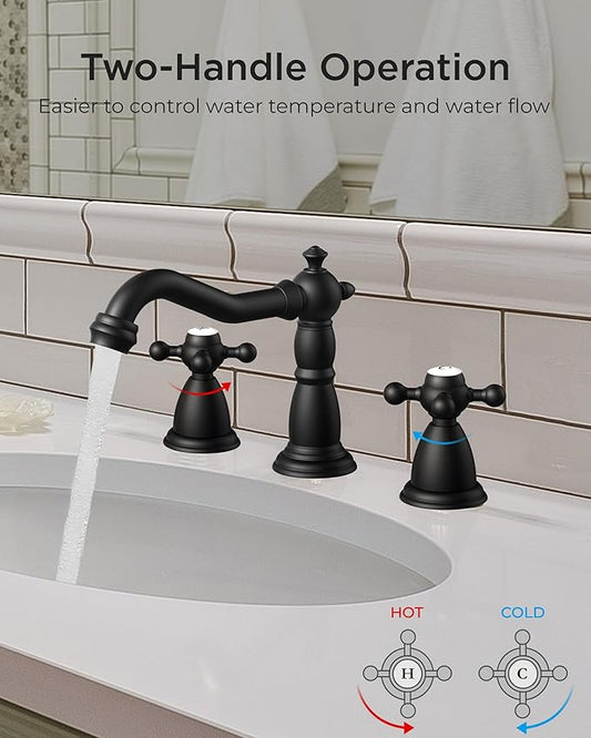 FORIOUS Matte Black 3 Hole Brass Vintage Farmhouse Bathroom Faucet, 8 Inch Widespread Bathroom Faucets 2 Cross Handles with Metal Pop Up Drain and Supply Hoses, for RV Vanity