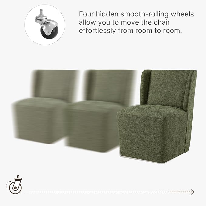 KISLOT Upholstered Dining Chairs Set of 2 with Casters, Wingback Modern Side Armless Deskchair with Rollers for Diningroom Bedroom Livingroom Reading Room, Green Fabric