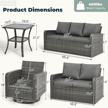 6 Pieces Patio Furniture Sets with Swivel Chairs, Outdoor Furniture Set Sofa Couch for Porch Deck Bistro Lawn Garden Backyard Poolsid- Grey