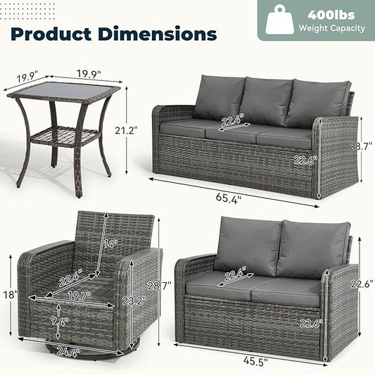 6 Pieces Patio Furniture Sets with Swivel Chairs, Outdoor Furniture Set Sofa Couch for Porch Deck Bistro Lawn Garden Backyard Poolsid- Grey