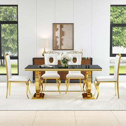 7-Piece Modern Luxury Dining Table Set, 70" Black Tempered Glass Kitchen Table with Gold Polished Stainless Steel U-Shaped Pedestal Base and 6 White Hollow-Out Design Chairs for Dining Room, Office