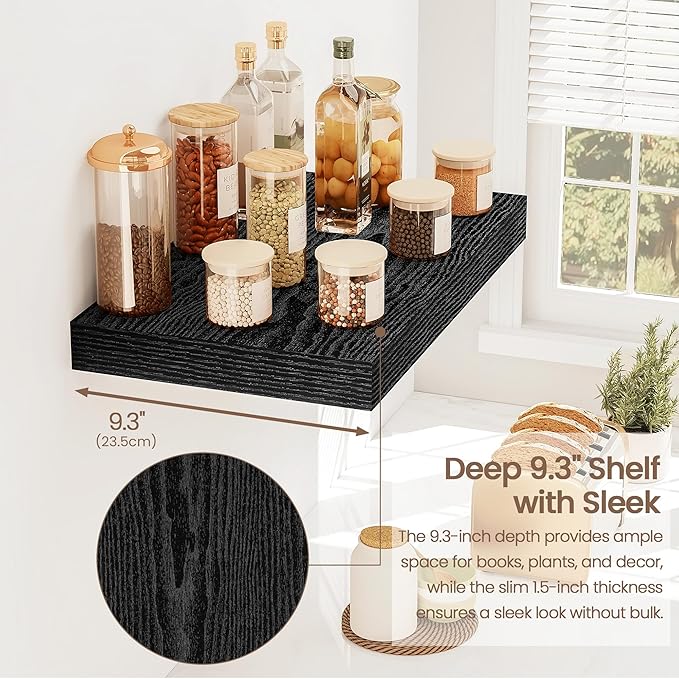 Vivelove Floating Shelves 16 Inch, Wall Shelves Over Toilet with Invisible Brackets for Bathroom Living Room Kitchen Bedroom Office Farmhouse Home Decor, 16" X 9.3" X 1.5" - Set of 2, Black