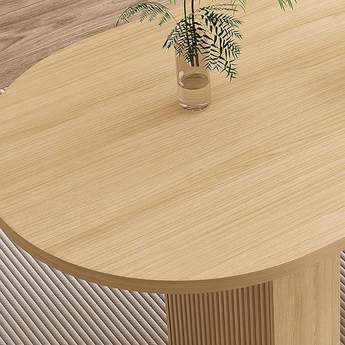 63" Water-Resistant Island Table, Rustic Dining Table with Wood Strip Base, Mid Century Dining Tables with Spacious Oval Design for Living Space, Burly Wood