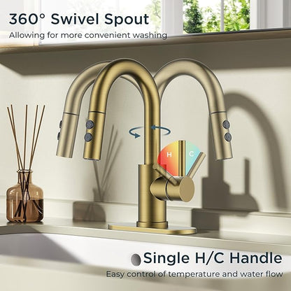 FORIOUS Brushed Gold Bathroom Faucets for Sink 3 or 1 Hole with Pull Down Sprayer, Single Handle Gold Faucets for Bathroom Vanity with Pop Up Drain, Suitable for Bath, RV, Laundry & Utility Sink