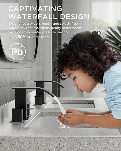 FORIOUS Black and Brushed Nickel Bathroom Faucets 3 Hole, Waterfall Square 8 Inch Widespread Bathroom Sink Faucet with Metal Pop-up Drain and Supply Lines, Two Handles for Vanity, RV, Farmhouse