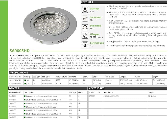 Transolid SA9005HDALWW Sensio HD LED 24V 1.65W Aluminum Recess-Surface Puck Light, Warm White
