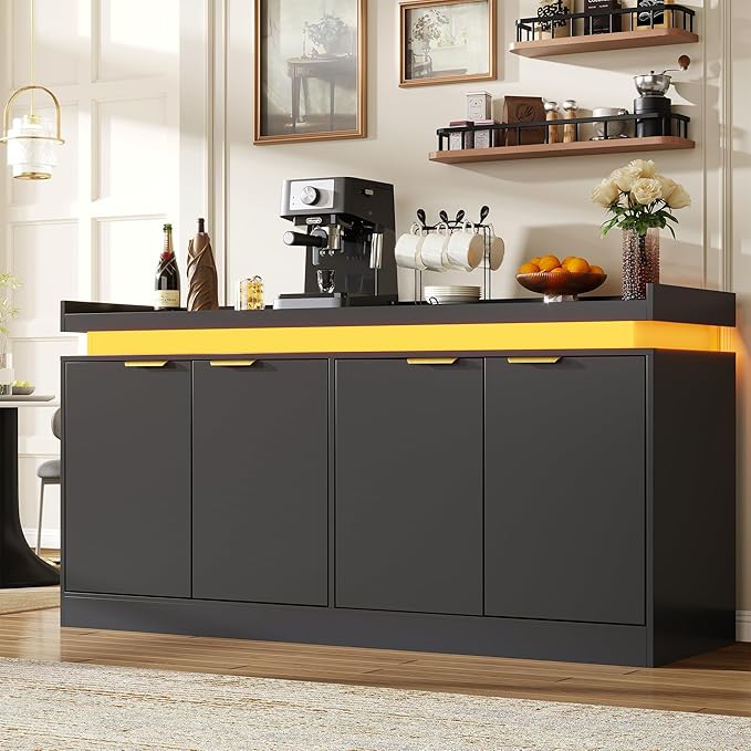 UNIQUITE 63" Sideboard Buffet Cabinet, Kitchen Buffet Cabinet Storage Cabinets with Power Outlets & LED Light, Modern Sideboard Coffee Bar Buffet Cabinets for Kitchen, Dinning, Living Room