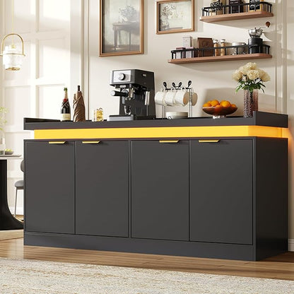 UNIQUITE 63" Sideboard Buffet Cabinet, Kitchen Buffet Cabinet Storage Cabinets with Power Outlets & LED Light, Modern Sideboard Coffee Bar Buffet Cabinets for Kitchen, Dinning, Living Room