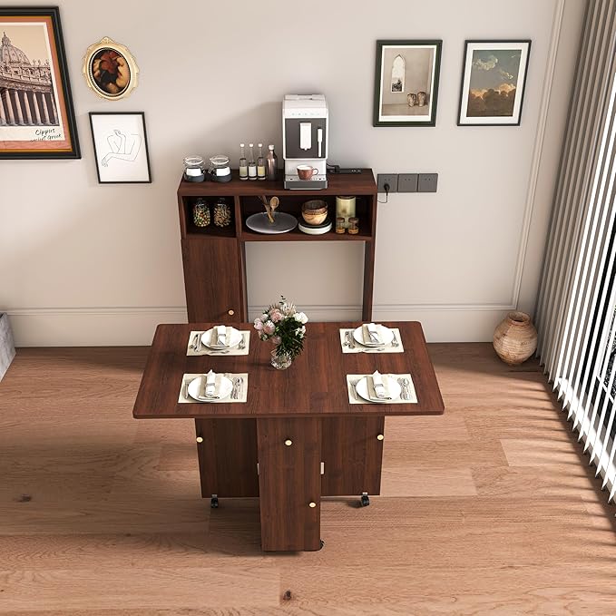 Multifunctional Folding Convertible Space-Saving Table Sideboard Cabinet Tabletop Desk Buffet Hutch Storage Shelving Cupboard Mobile Island Charger Outlets USB Wheels Locking Expandable (Walnut)